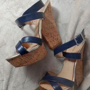 Boston Proper sz 8 5 1/2" cork heel Strappy navy Sandal